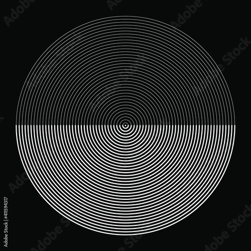 Abstract white concentric radial lines. Vector illustration. Design element for technology round logo, striped border frame, blackout tattoo, prints, monochrome pattern and abstract background