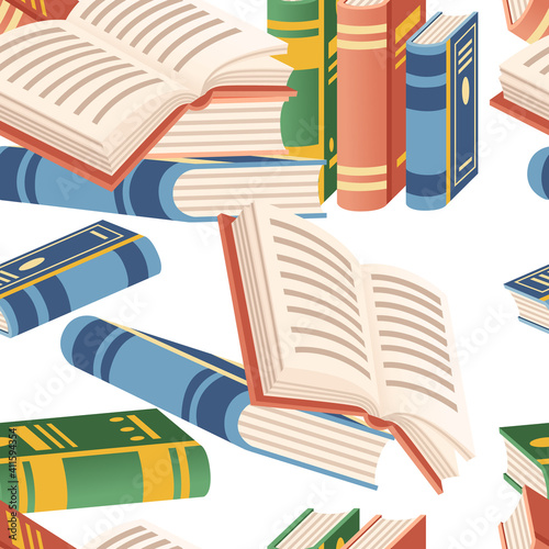 Seamless pattern books pile open and close books set for library vector illustration on white background