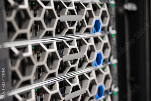 Closeup Of Modern Hyperconverged Hosts in Virtual Environment In Datacenter photo