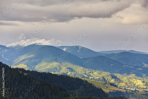 Landscape with pine forests in the mountains
