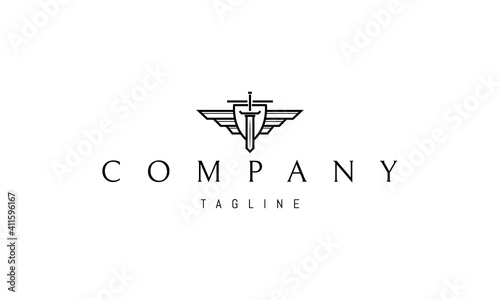 Vector logo on which an abstract image of a shield with a sword and wings on the sides.
