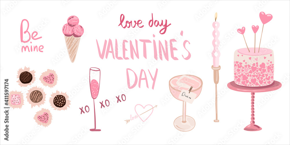 valentine's day stickers set, vector illustration hand drawn