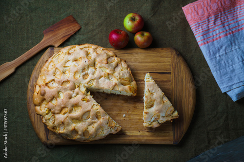 Traditional apple pie baked in a home oven.