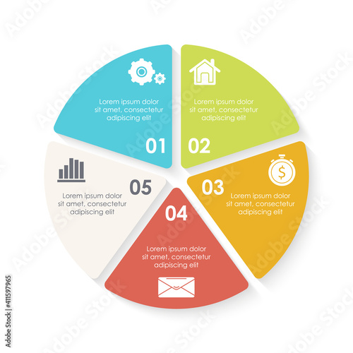 Vector circle infographic template for round diagram, graph, web design. Business concept with 5 steps, options or processes. Isolated on white background.