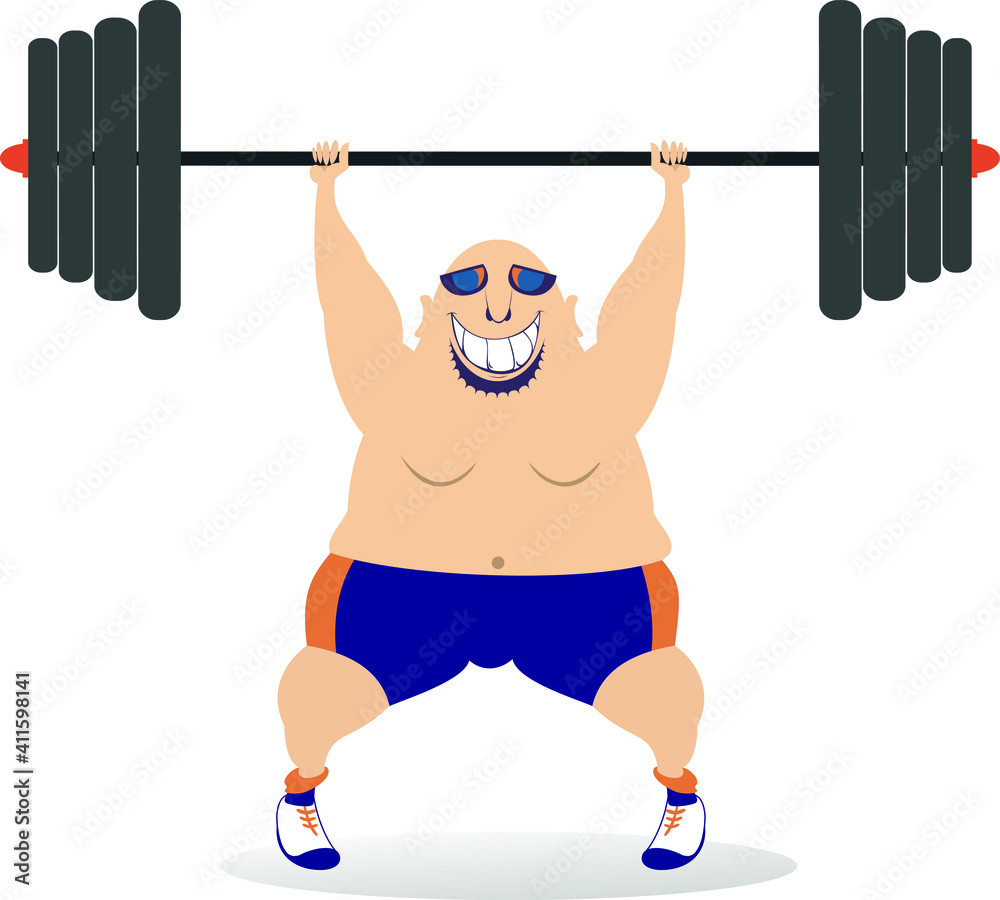 Cartoon big man a weightlifter illustration. Cartoon strong man trying to lift a heavy weight isolated on white
