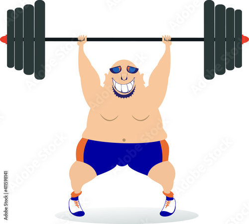 Cartoon big man a weightlifter illustration. Cartoon strong man trying to lift a heavy weight isolated on white
