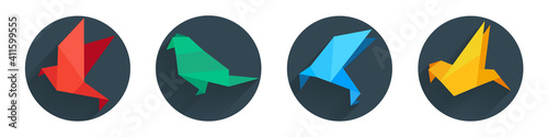 Colorful origami birds collection. Flat style paper crane with shadow. Vector illustration.