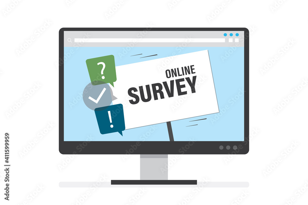 Monitor display, technology of online survey. Speech bubbles with signs. Abstract background about remote vote. Application or web feedback. Monitor display, technology of online survey. Speech bubbles with signs. Abstract background about remote vote. Application or web feedback.