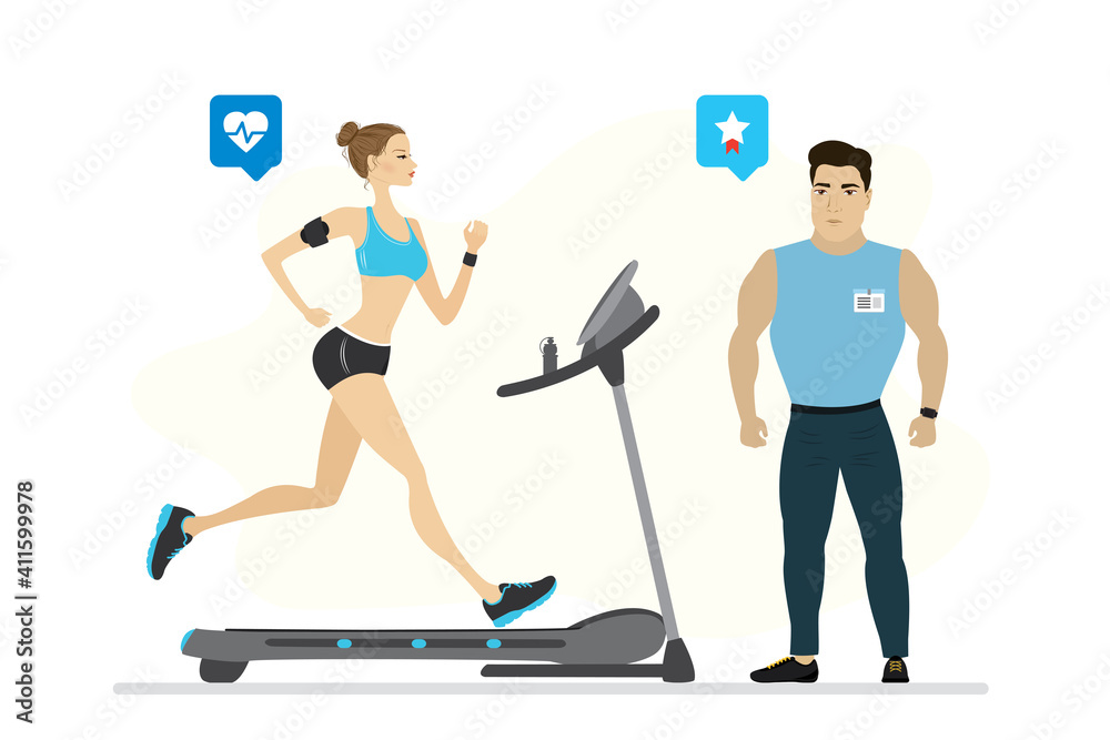 Slim woman runs on treadmill, fitness trainer near. Healthy life style. Cardio workout, fitness exercises, physical activity. Slim woman runs on treadmill, fitness trainer near. Healthy life style. Cardio workout, fitness exercises, physical activity.