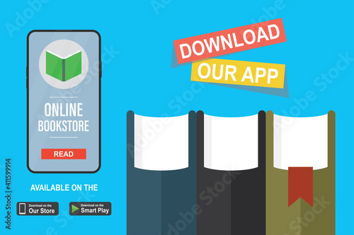 Various books. Modern smartphone with online bookstore application on display. Internet library or shop. Download our app banner.