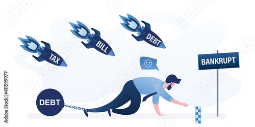 Unhappy businessman with weight on leg crawls towards bankruptcy. Rockets with bill,debt and taxes. Tax avoidance.