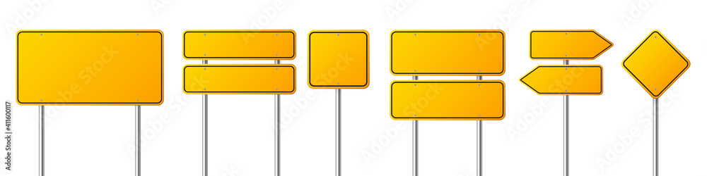 Road traffic signs set. Blank board with place for text. Mockup. Isolated information sign. Direction. Vector illustration. Road traffic signs set. Blank board with place for text. Mockup. Isolated information sign. Direction. Vector illustration.