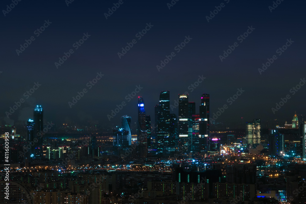 Aerial view of night Moscow, Russia. Moscow City skyscrapers at night, skyline. City landscape in Russia