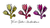 Vector illustrations of a fantasy beautiful flowers and lettering. Vector set. Hand drawn icon and symbol for print, poster, sticker, card design. Doodle design elements. 