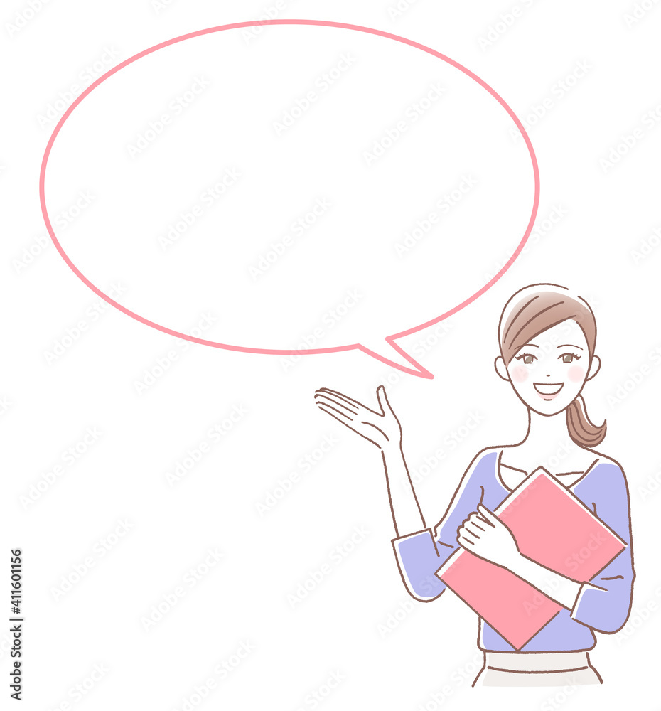 ファイルを持って説明する女性と吹き出し
ファイルを持って説明する女性と吹き出し