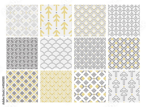 set of elegant geometry seamless patterns with abstract shapes in yellow and gray colors on white background