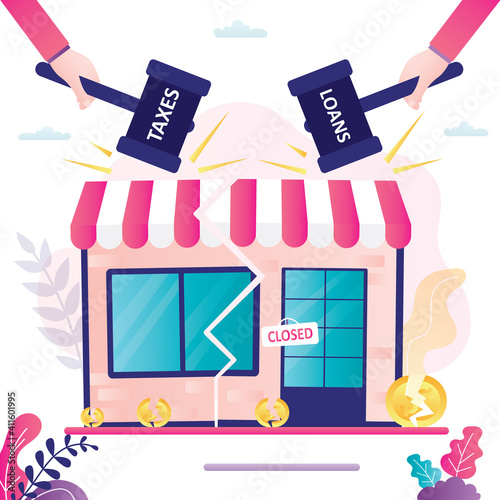 Business collapsed due to financial problems. Store went bankrupt due to non-payment of loans and high taxes. Empty storefront,