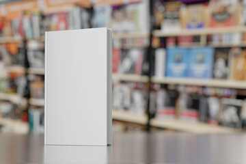 Blank gray hardcover book on bookstore showcase. 3D rendering illustration mock-up.