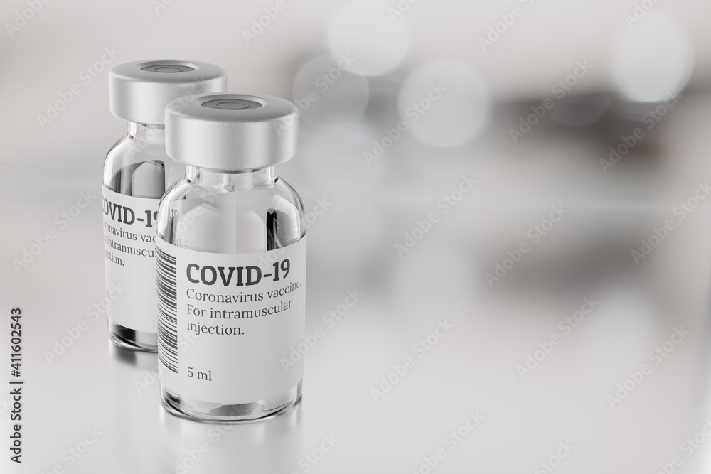 COVID-19 vaccine vials on gray blur background. 3d rendering illustration.