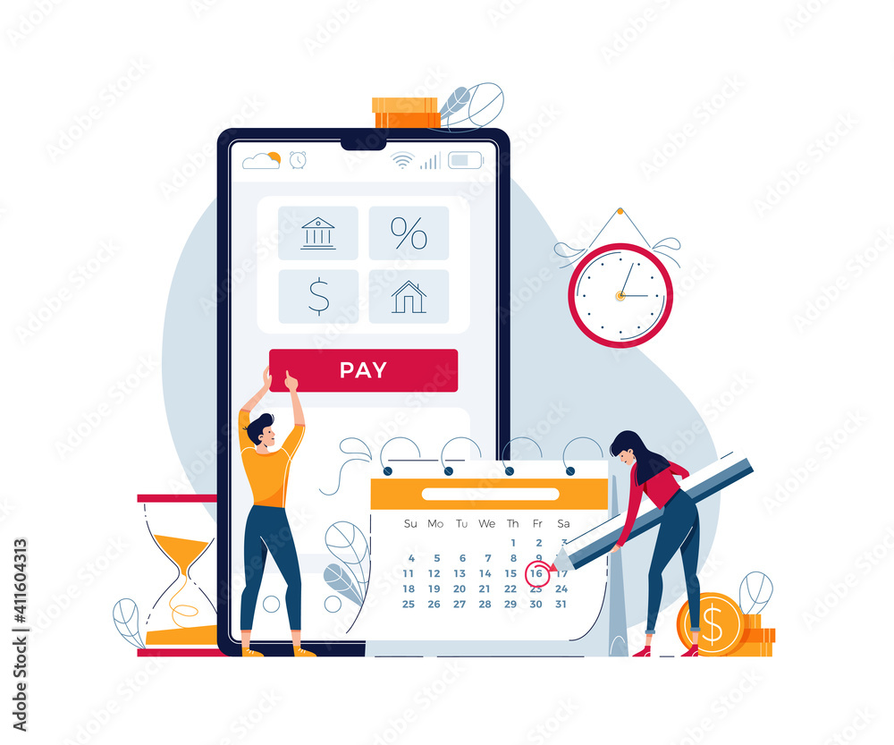 Monthly payment vector illustration. Man and woman pay regular payments