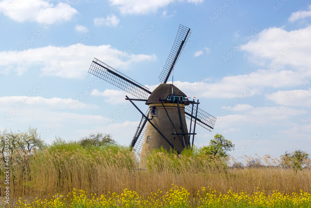 rural landscape with windmills at famous tourist site Kinderdijk in Netherlands