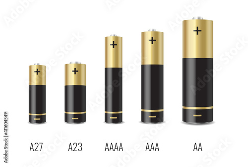 Realistic alkaline battery set with different size isolated on white background