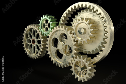 3D Illustration eines Getriebes bestehend aus unterschiedlichen Zahnrädern aus Messing

