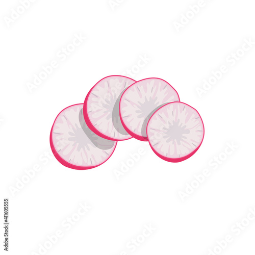 Ripe radish round slices. Fresh organic farm food. Salad ingredient. Cartoon style. Vector illustration isolated on white background.
