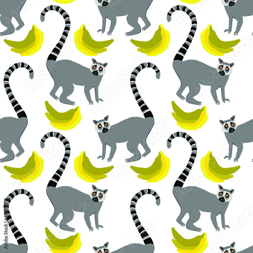 Photography Tropical  pattern with exotic lemurs and banana, botanical palm tree,  palm leaves for social networks, websites