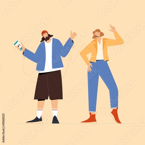 Young couple man and woman listening music using smartphone and sharing earplugs. Vector illustration