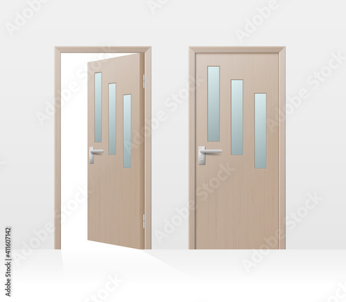Wooden door set, interior apartment closed and open door with handles isolated