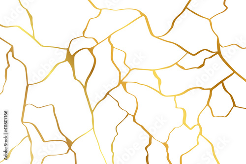 Gold kintsugi design isolated on white backdrop. Golden crackle texture background. Luxury broken marble stone pattern for wedding invitation or card template