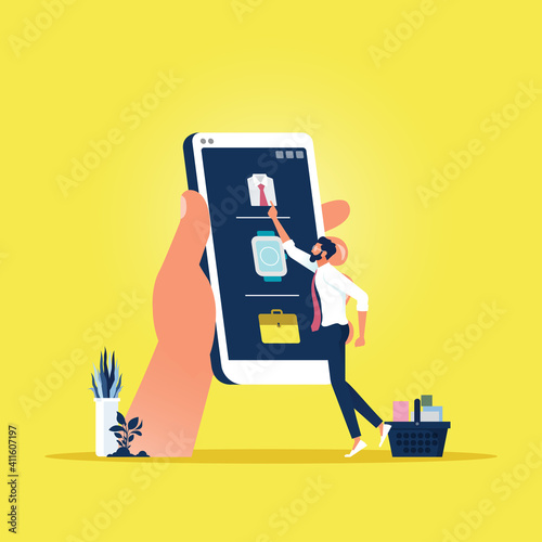 Online Shopping on Mobile Application Concept, People buy product on the online store, Man chooses products on the screen phone and puts in the basket, Digital marketing