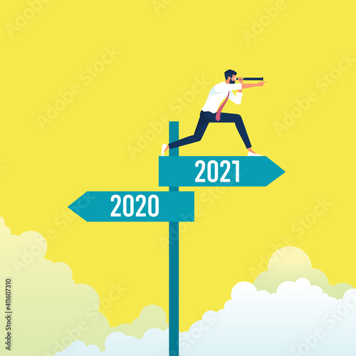 Vision to see the way forward, forecast, prediction and business success concept, Businessman with telescope standing and looking into the distance on abstract year 2020, 2021 direction sign board 