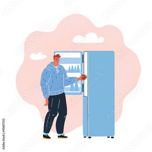 Vector illustration of The first day of a fruit diet. Man use refrigerator on dark