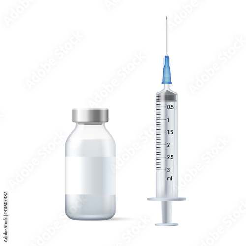 Realistic medial vial with vaccine and syringe for patient vaccination or treatment