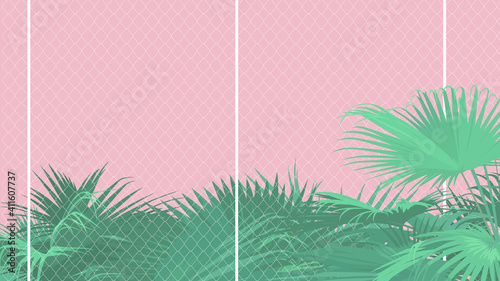 Exotic tropical fan palm and wire fence background, pastel pink and green nostalgic summer feeling
