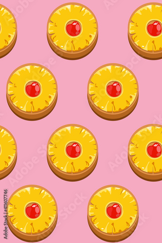 Minimal flat upside down cake icon/symbol on pastel pink background, simple retro feeling dessert seamless pattern