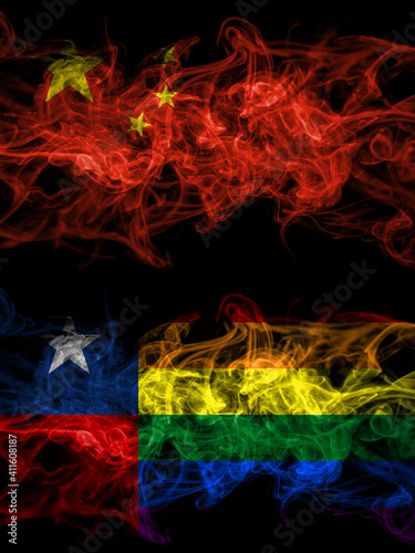 China, Chinese vs Chile, Chilean, Gay smoky mystic flags placed side by side. Thick colored silky abstract smoke flags.