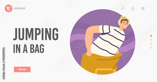 Sack Race Landing Page Template. Happy Young Man Jumping in Bag. Hopping Outdoor Competition, Healthy Lifestyle