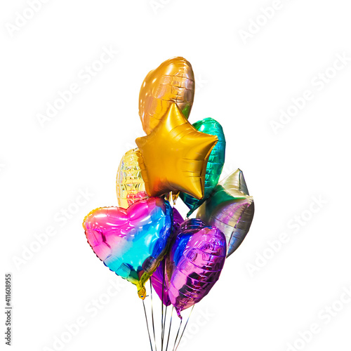 Multicolored bright festive balloons in the form of a heart and a star filled with helium. Balloons isolated on white background, gift and birthday decoration