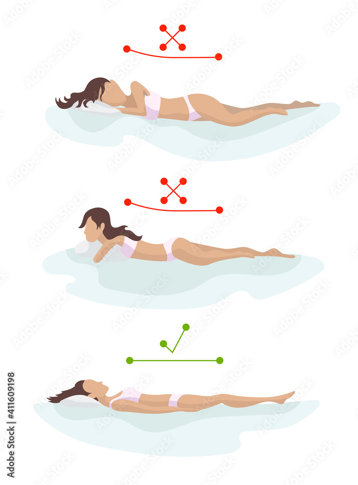 Correct and incorrect sleeping body posture. Position spine in various mattresses. Orthopedic mattress and pillow. Caring for health of back, neck. Comparative illustration. Healthy sleeping position Correct and incorrect sleeping body posture. Position spine in various mattresses. Orthopedic mattress and pillow. Caring for health of back, neck. Comparative illustration. Healthy sleeping position