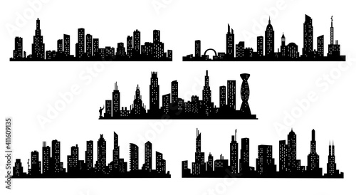 Collection of city silhouettes. Modern urban landscape. Cityscape buildings silhouette on transparent background. City skyline with windows in a flat style