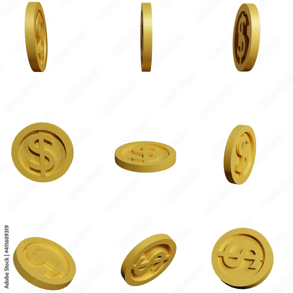 Dollar coin gold 3D rendering set isolated
