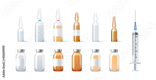 Set of glass template vials and ampules for medicines and vaccine package isolated photo