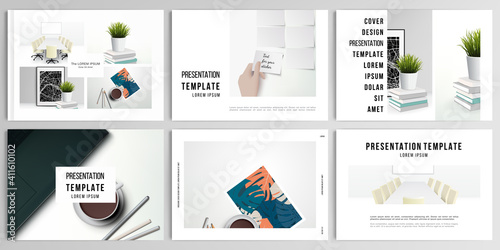 Vector layouts of presentation design templates for brochure, cover design, flyer, book design, magazine, poster. Home office concept, study or freelance, working from home.