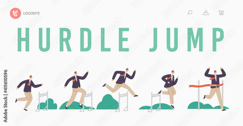 Hurdle Jump Landing Page Template. Business Man Character Running with Obstacles Competition. Businessman Jumping Hurdle Jump Landing Page Template. Business Man Character Running with Obstacles Competition. Businessman Jumping