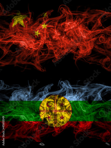 China  Chinese vs Mapuches smoky mystic flags placed side by side. Thick colored silky abstract smoke flags.