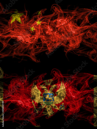 China, Chinese vs Montenegro, Montenegrin smoky mystic flags placed side by side. Thick colored silky abstract smoke flags.