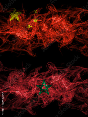 China, Chinese vs Morocco, Moroccan smoky mystic flags placed side by side. Thick colored silky abstract smoke flags.